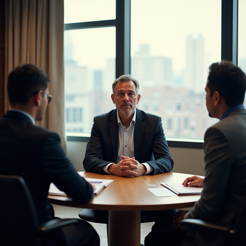 Neutral mediator sitting between two parties at a round table in a calm professional setting