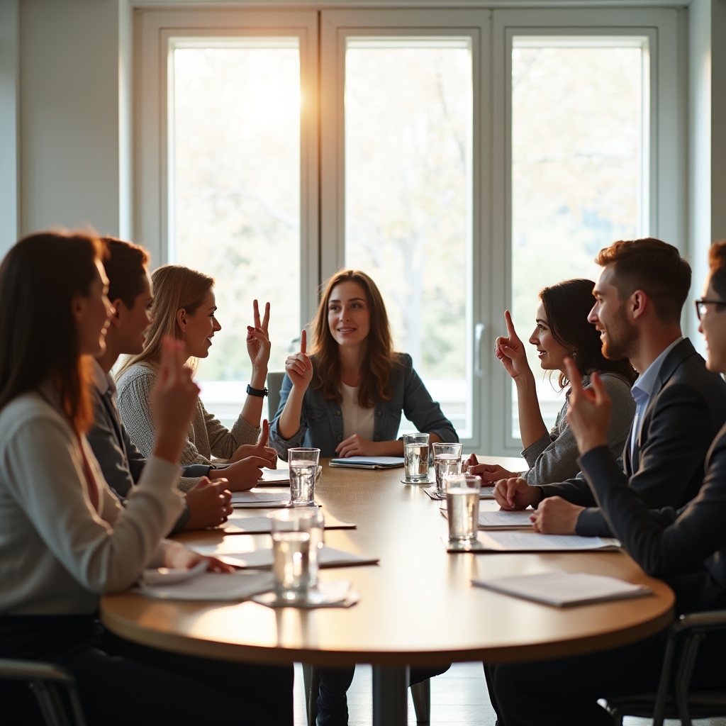 Group of investors around a table voting on a decision with raised hands and documents visible