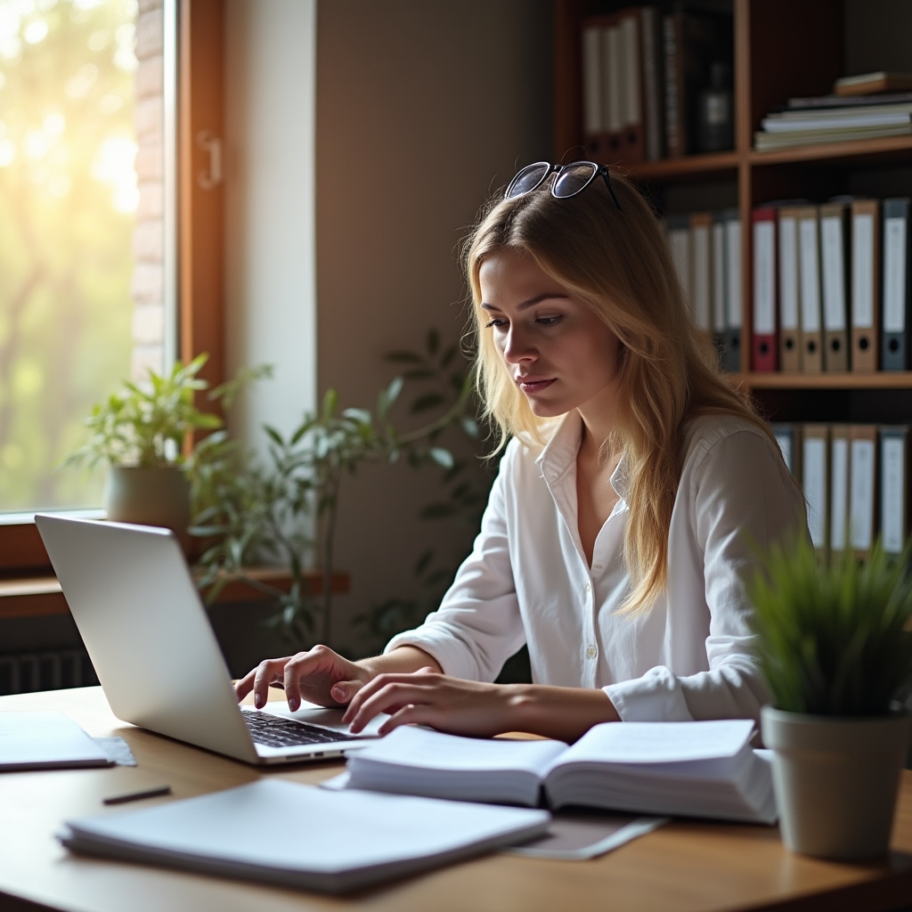 Professional working on document drafting at a desk with papers and laptop