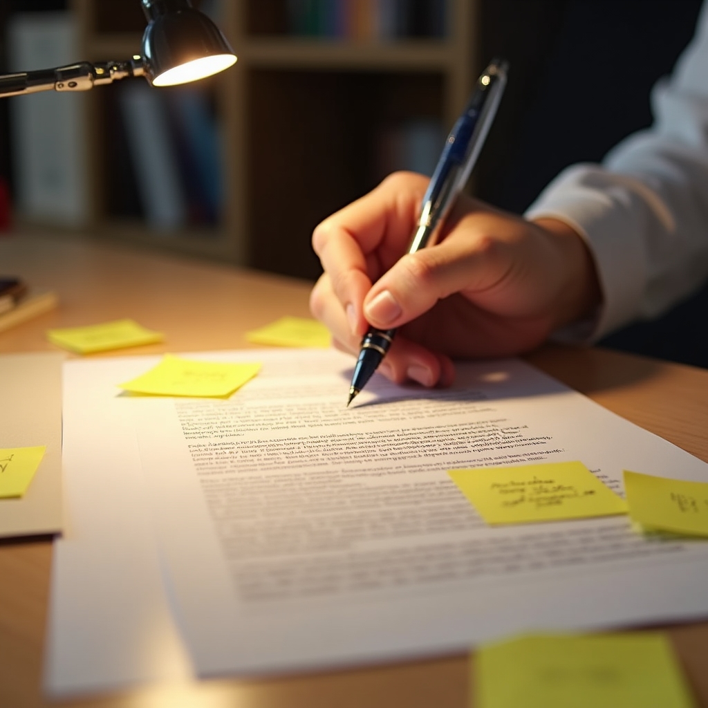 Person reviewing exit clause documents with highlighted sections and sticky notes