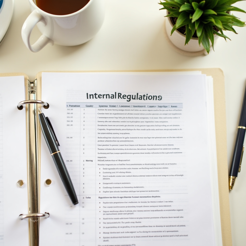 Open binder with internal regulations document on a clean desk with a pen and coffee cup