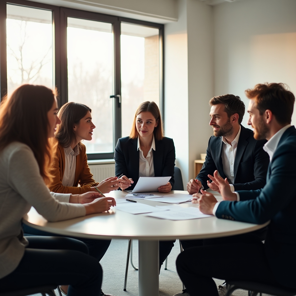 Investment group members in discussion around a conference table reviewing documents