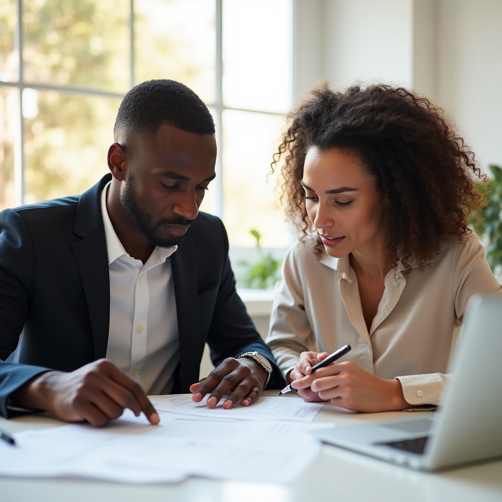 Two people reviewing a participation agreement document at a bright office desk