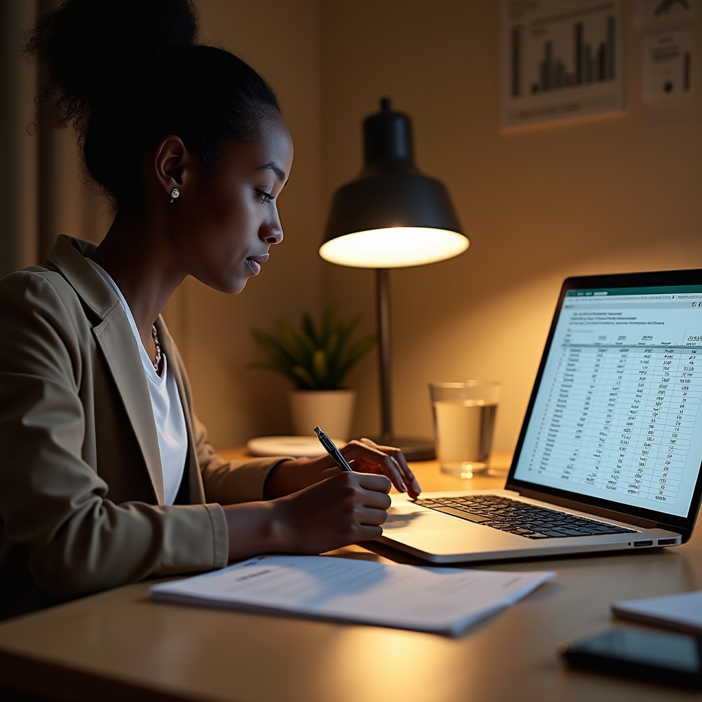 Professional reviewing financial distribution calculations on a spreadsheet with property investment data